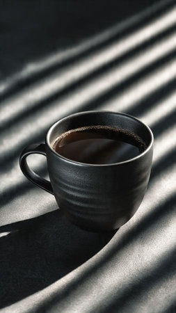 Cup of coffee with shadow on the wall. Selective focus.の写真素材