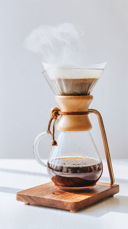 Coffee maker with steam on white background. Copy space.の写真素材