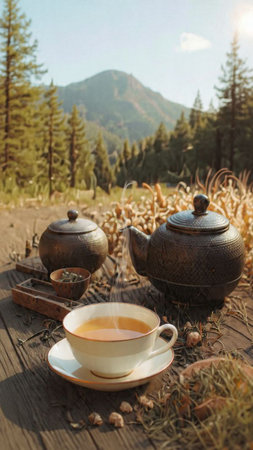 Cup of tea and teapot on a wooden table in the mountainsの写真素材