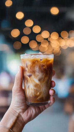 Iced coffee in hand on bokeh background, stock photoの写真素材