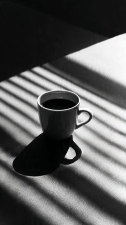 Cup of coffee with shadow on the wall. Black and white.