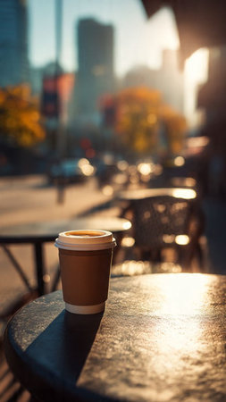 Coffee cup on a table in the city at sunset.の写真素材