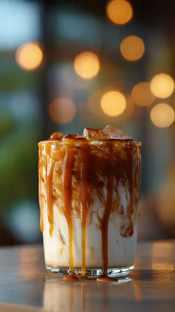 Iced coffee with caramel sauce in a glass on the table.の写真素材