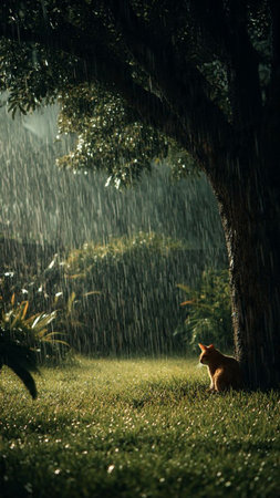 Cat under a big tree in the rain. Shallow depth of field.