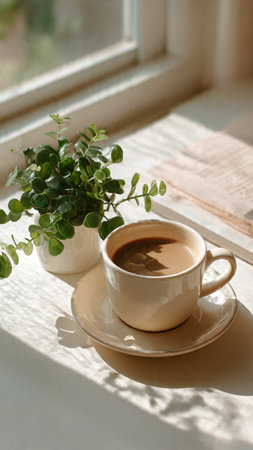 Cup of coffee on the windowsill with a book and plantの写真素材