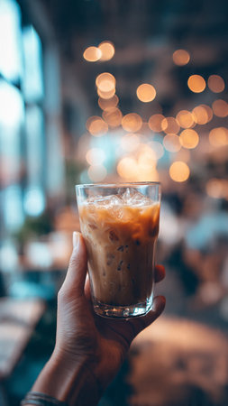 Iced coffee in hand with bokeh background, stock photoの写真素材