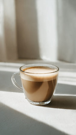 Coffee in a glass cup on the windowsill in the morningの写真素材