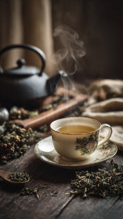 Tea hot drink on old wooden background. Vintage style toned picture