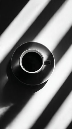 Cup of coffee on a white background with shadow from the windowの写真素材