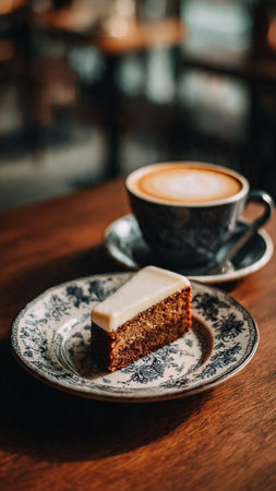 A cup of coffee and a piece of cake on a wooden tableの写真素材