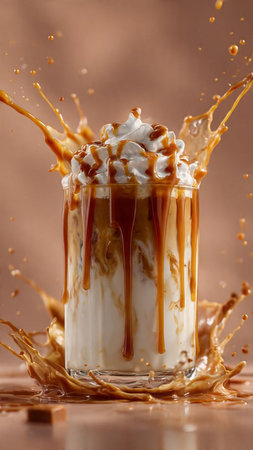 Iced coffee with whipped cream and caramel in glass on brown background