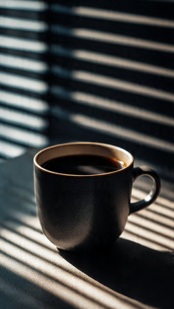 Coffee cup in morning light with shadow from window, stock photoの写真素材