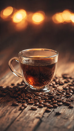 Coffee cup and coffee beans on wooden table with bokeh backgroundの写真素材