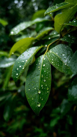 Water drops on the leaves of a ficus benjamina plant