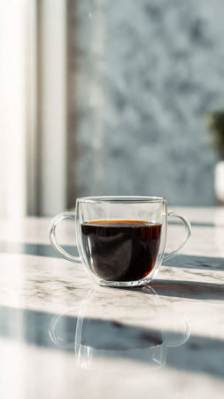 Coffee cup on the table with sunlight and shadow from windowの写真素材