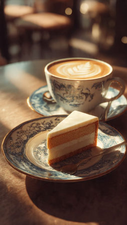 A cup of coffee and a piece of cake on the table.