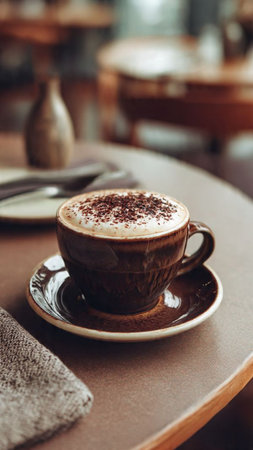 Cup of cappuccino with chocolate on table in cafe