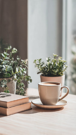 coffee cup with book and plant on wooden table in coffee shopの写真素材