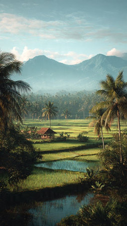 Landscape of rice fields in Bali, Indonesia. Vintage style.