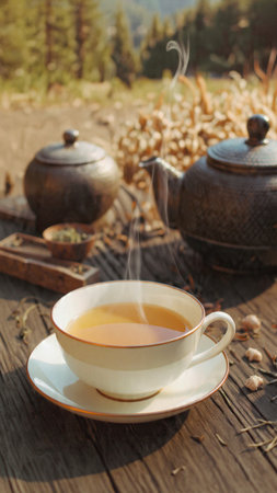 Cup of tea with teapot on wooden table in mountainsの写真素材