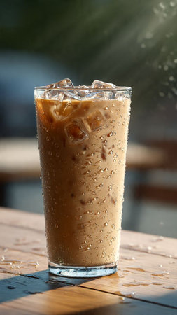 Iced coffee in a glass on the table in the cafe.