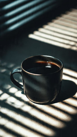 Cup of coffee in sunlight with shadow from window blinds.の写真素材