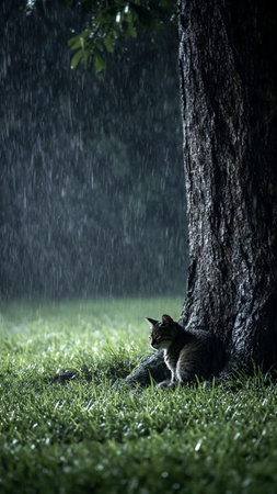 Cat in the rain on the green grass with tree at night.の写真素材