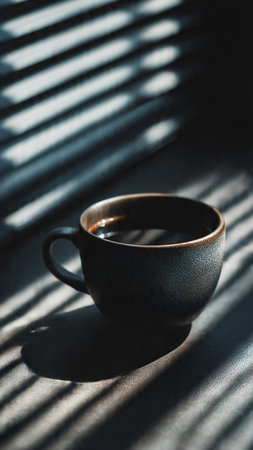 Cup of coffee with shadow from window blinds. Morning light.