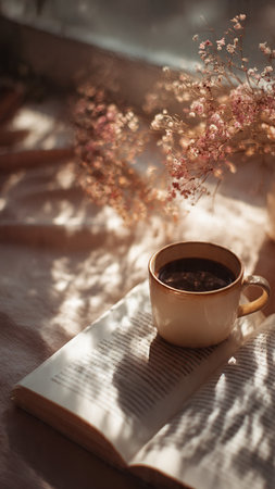 Cup of coffee and book on wooden table with sunlight effect.の写真素材