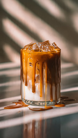 Iced coffee with caramel in a glass on a white background.