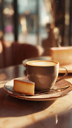 Cup of coffee and cake on table in cafe, closeupの写真素材