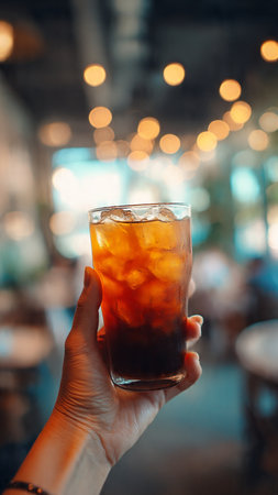 Woman hand holding a glass of cola with ice cubes in a cafeの写真素材