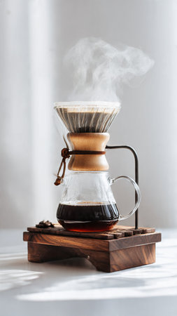 Coffee maker on a wooden stand on a white background.の写真素材