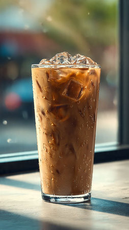Iced coffee in a glass with ice cubes on the windowsill