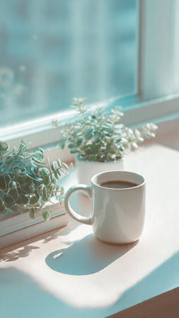 Cup of coffee on the windowsill in the morning sunlight.の写真素材