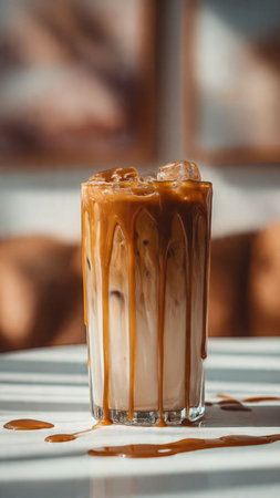 Iced coffee in a glass on the table. Selective focus.の写真素材