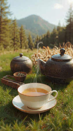 Cup of tea with teapot on green grass in mountainsの写真素材