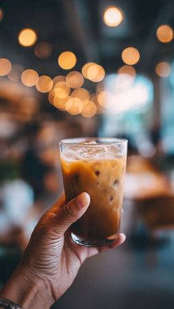 Hand holding iced coffee in coffee shop blur bokeh backgroundの写真素材
