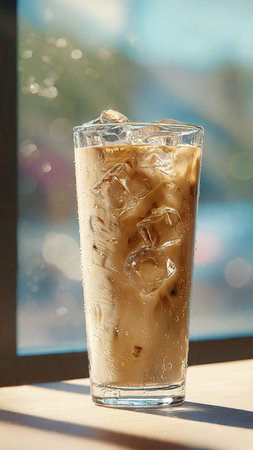Iced coffee in a glass with ice cubes on the windowsill