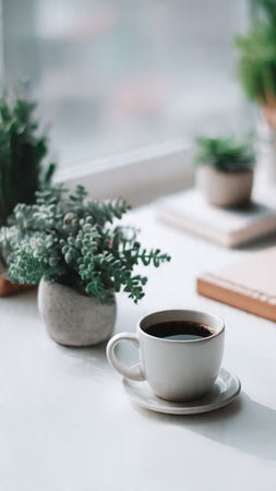 Coffee cup on white table with notebook and green plant.の写真素材