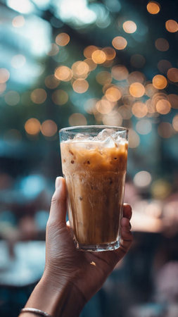 Iced coffee in glass with bokeh background, stock photoの写真素材