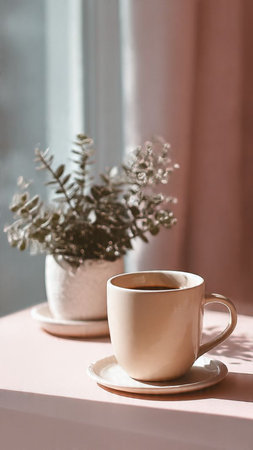 Coffee cup and vase with eucalyptus branches on the windowsillの写真素材