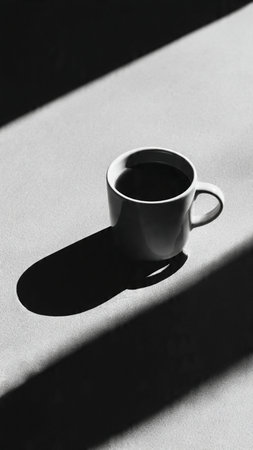 Coffee cup with shadow on the table. Black and white photo.の写真素材