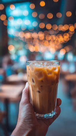 Iced coffee in hand with bokeh background, stock photoの写真素材