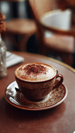 Cappuccino in a cup on a table in a cafe