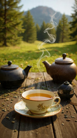 Cup of tea with teapot on wooden table in forestの写真素材