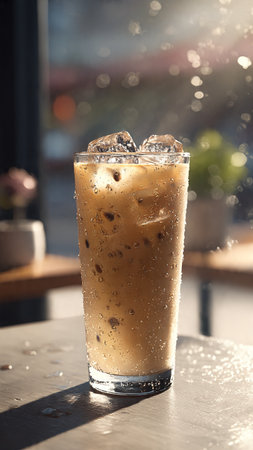 Iced coffee with ice cubes on table in cafe, closeup