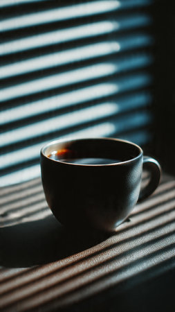 Cup of coffee on the window sill with blinds. Selective focus.の写真素材