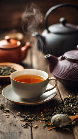 Tea time. Cup of tea and teapot on wooden tableの写真素材