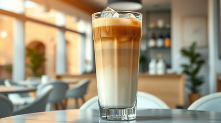 Glass of coffee latte macchiato on table in cafeの写真素材